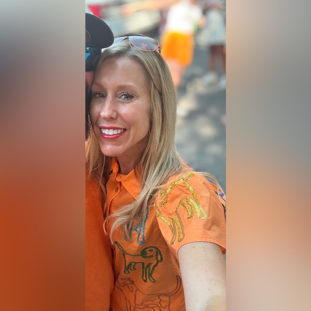 QUEEN OF SPARKLES Orange Sequin Dog Print Shirt and Shorts Set - Picture 10 of 13